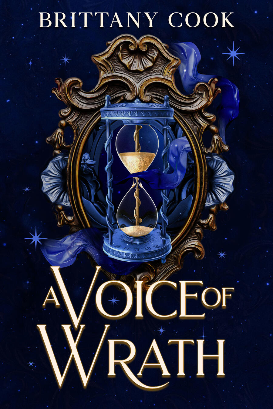 A Voice of Wrath The image depicts the cover of the book. The title, A Voice of Wrath, is written on the bottom in gold letter. The background is a deep blue with sparkling stars. The foreground image is a gold and blue oval frame with flowing blue cloth around the edges.